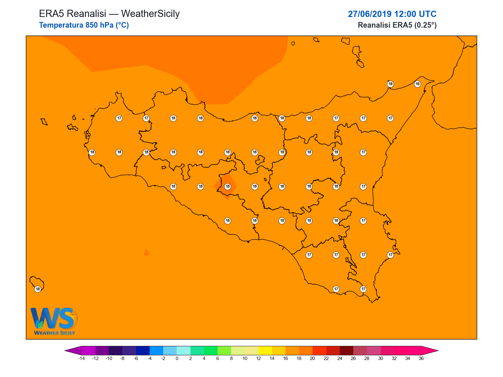 Temperatura a 850 hPa · 2019062712