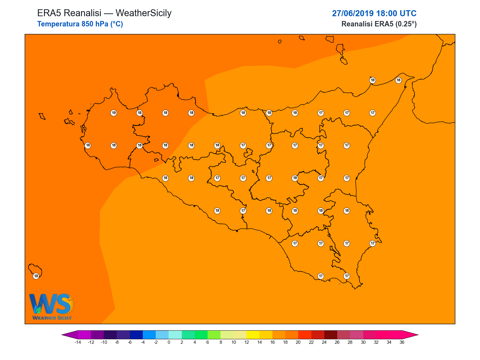 Temperatura a 850 hPa · 2019062718