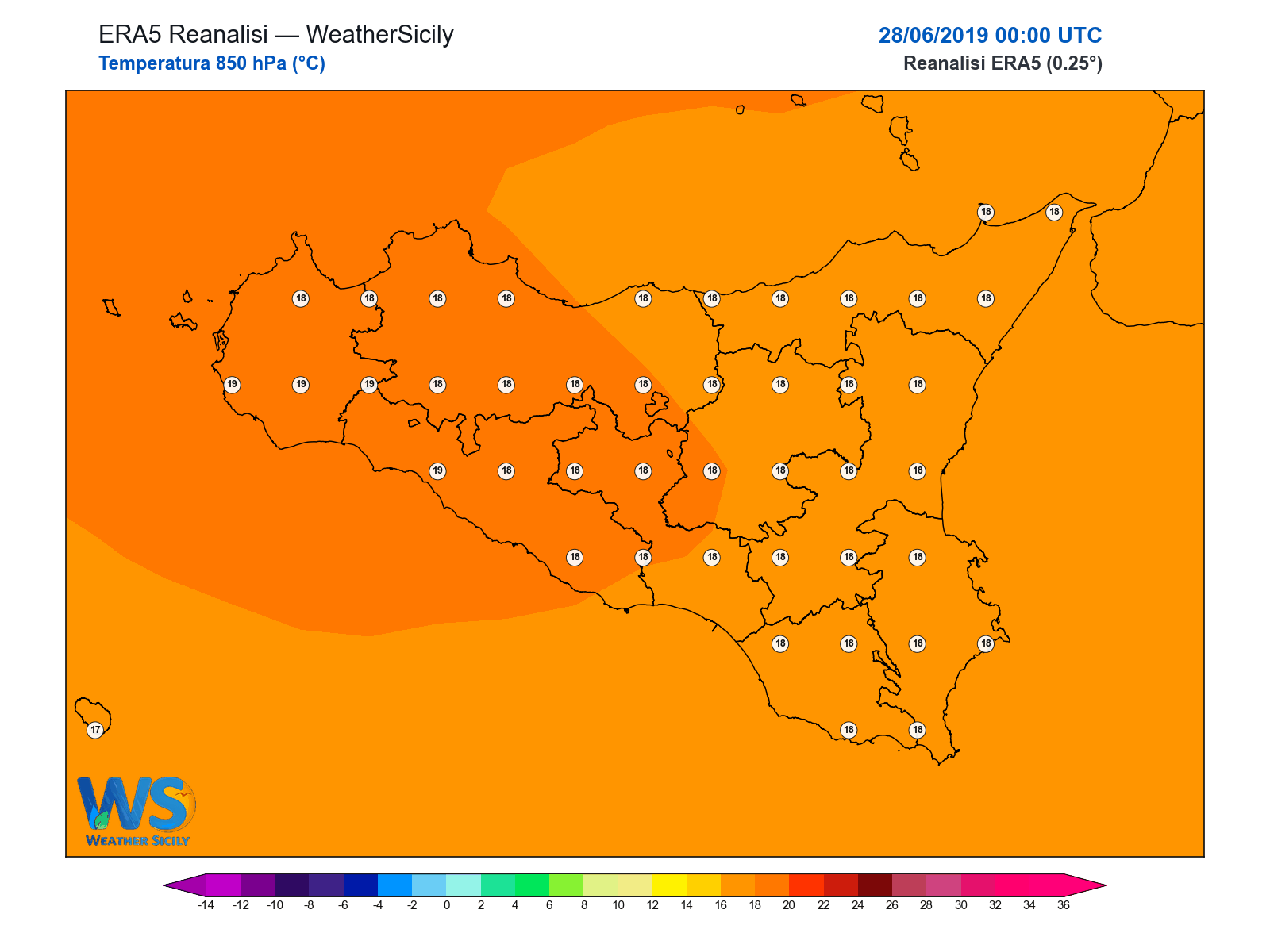 Temperatura a 850 hPa · 2019062800