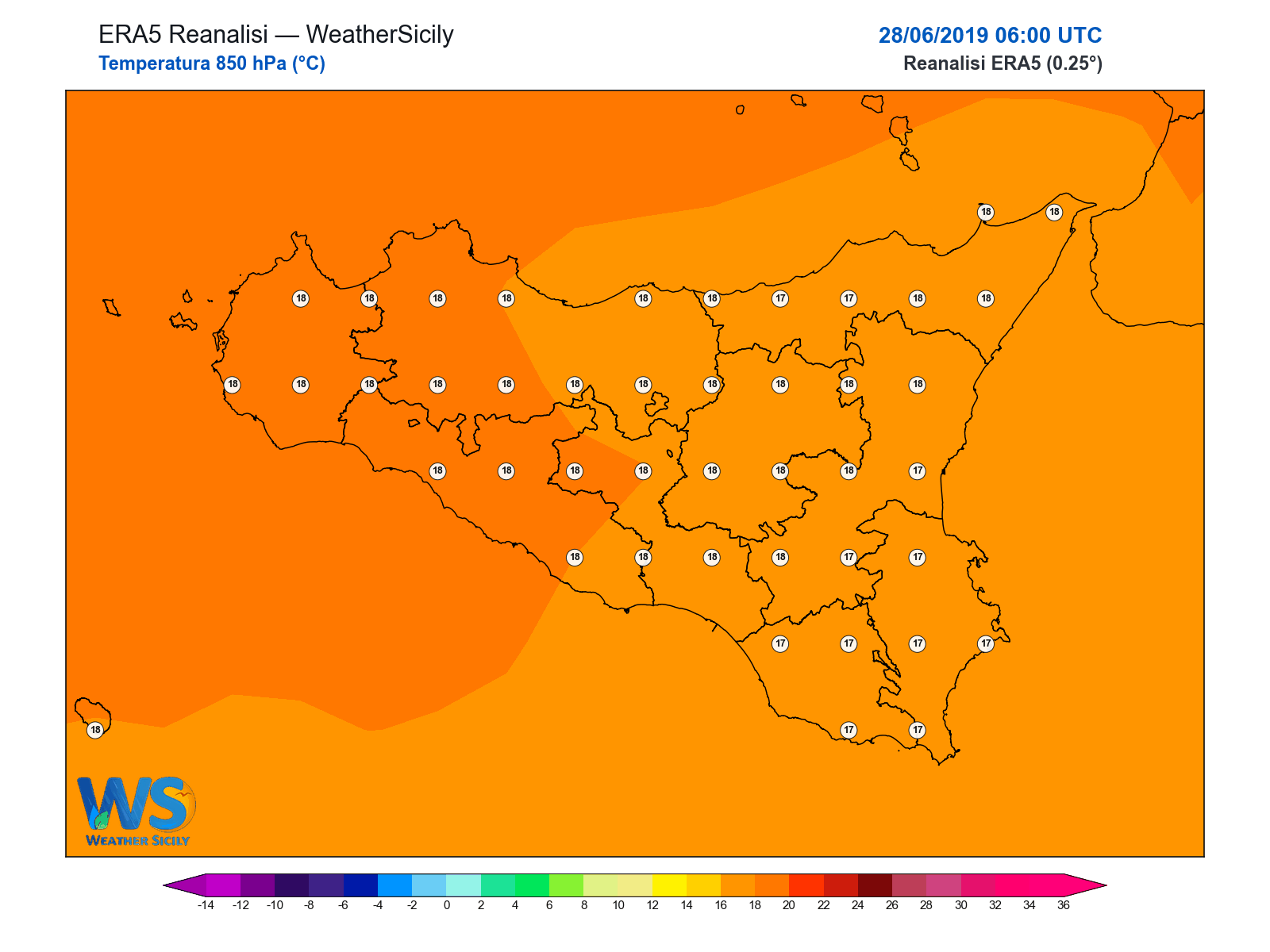 Temperatura a 850 hPa · 2019062806