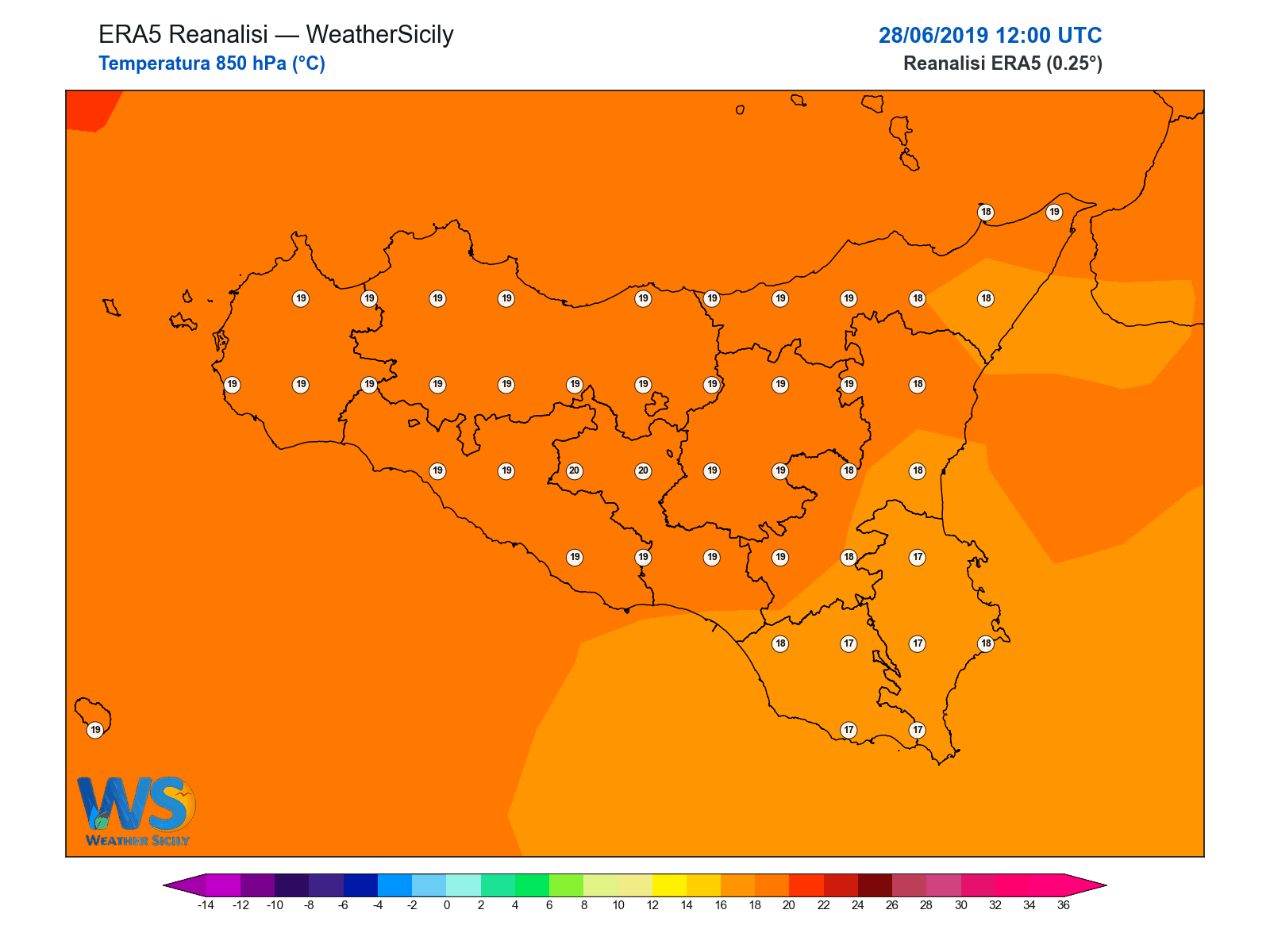 Temperatura a 850 hPa · 2019062812