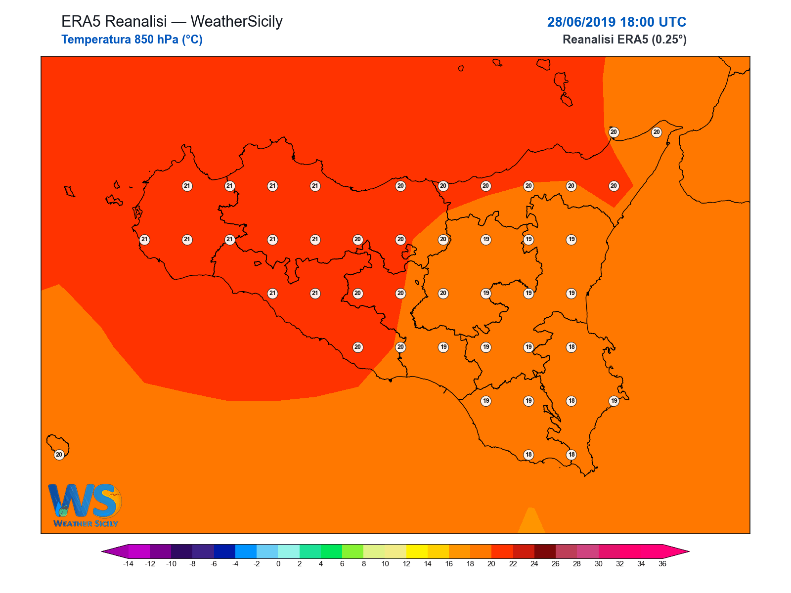 Temperatura a 850 hPa · 2019062818