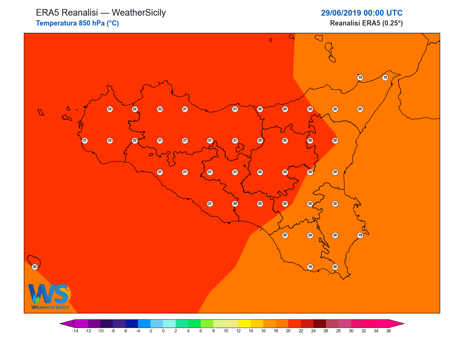 Temperatura a 850 hPa · 2019062900