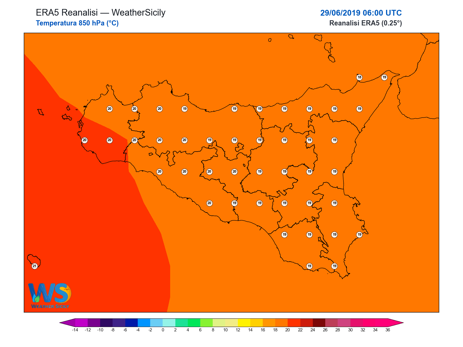 Temperatura a 850 hPa · 2019062906
