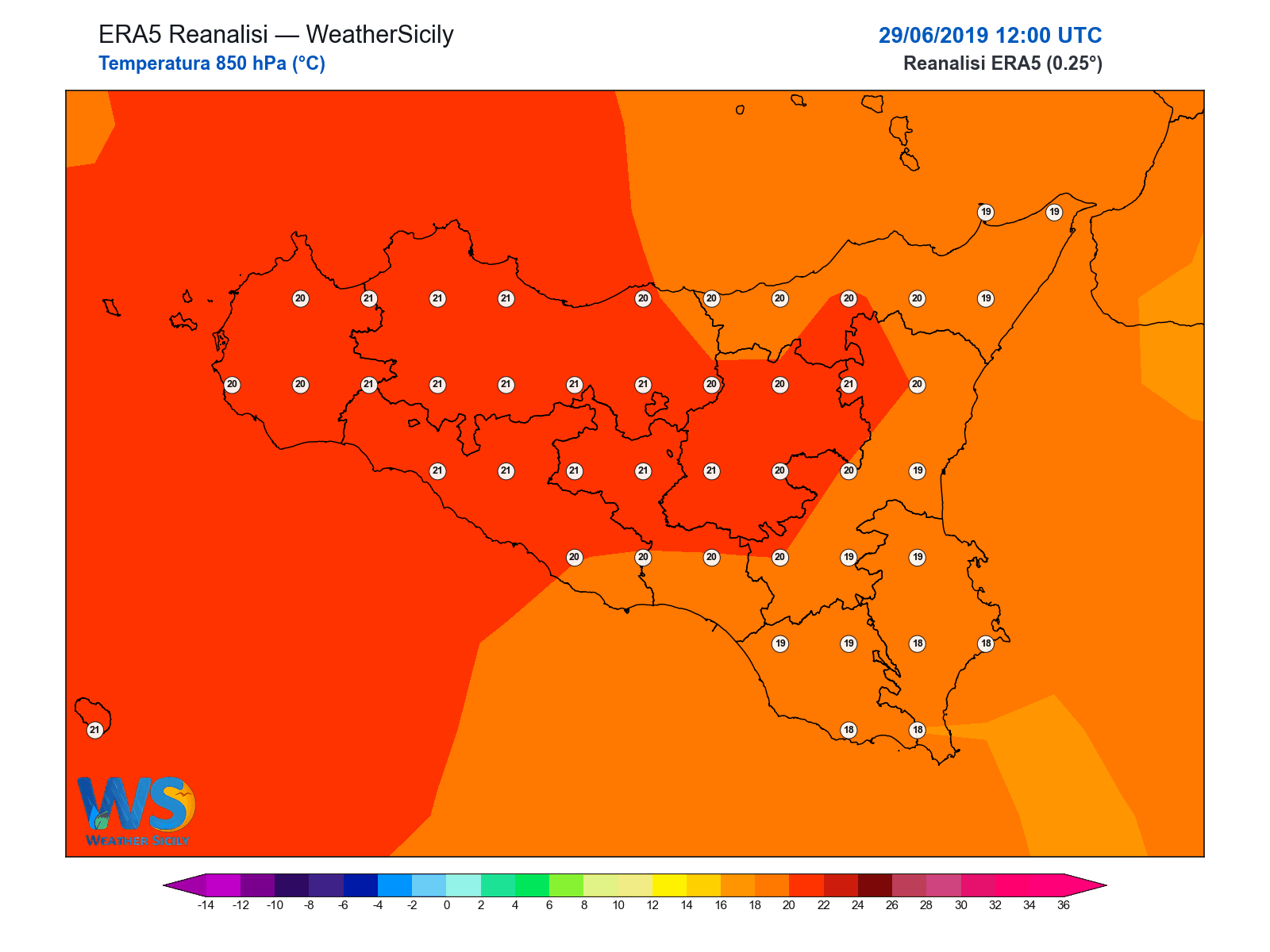 Temperatura a 850 hPa · 2019062912