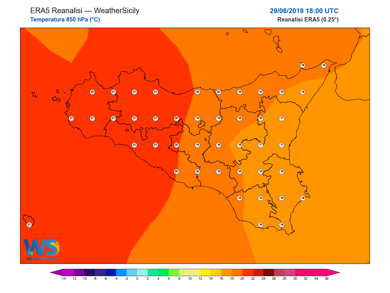 Temperatura a 850 hPa · 2019062918