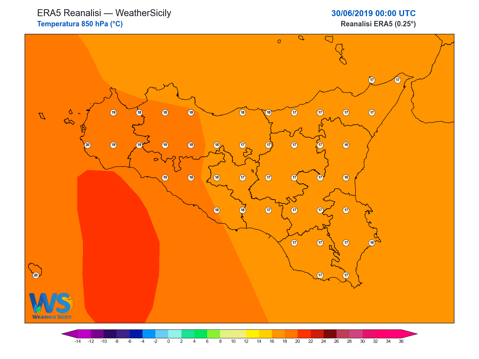 Temperatura a 850 hPa · 2019063000