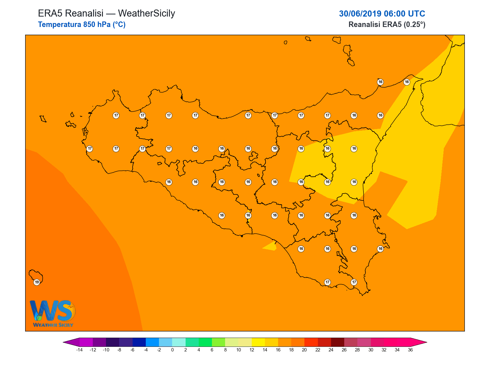 Temperatura a 850 hPa · 2019063006