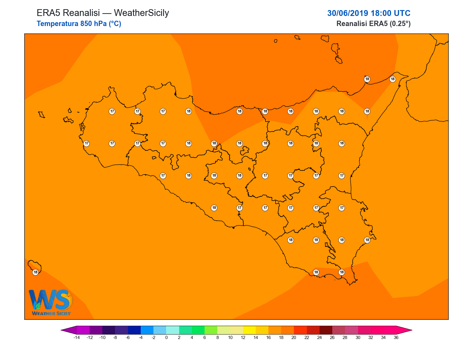 Temperatura a 850 hPa · 2019063018
