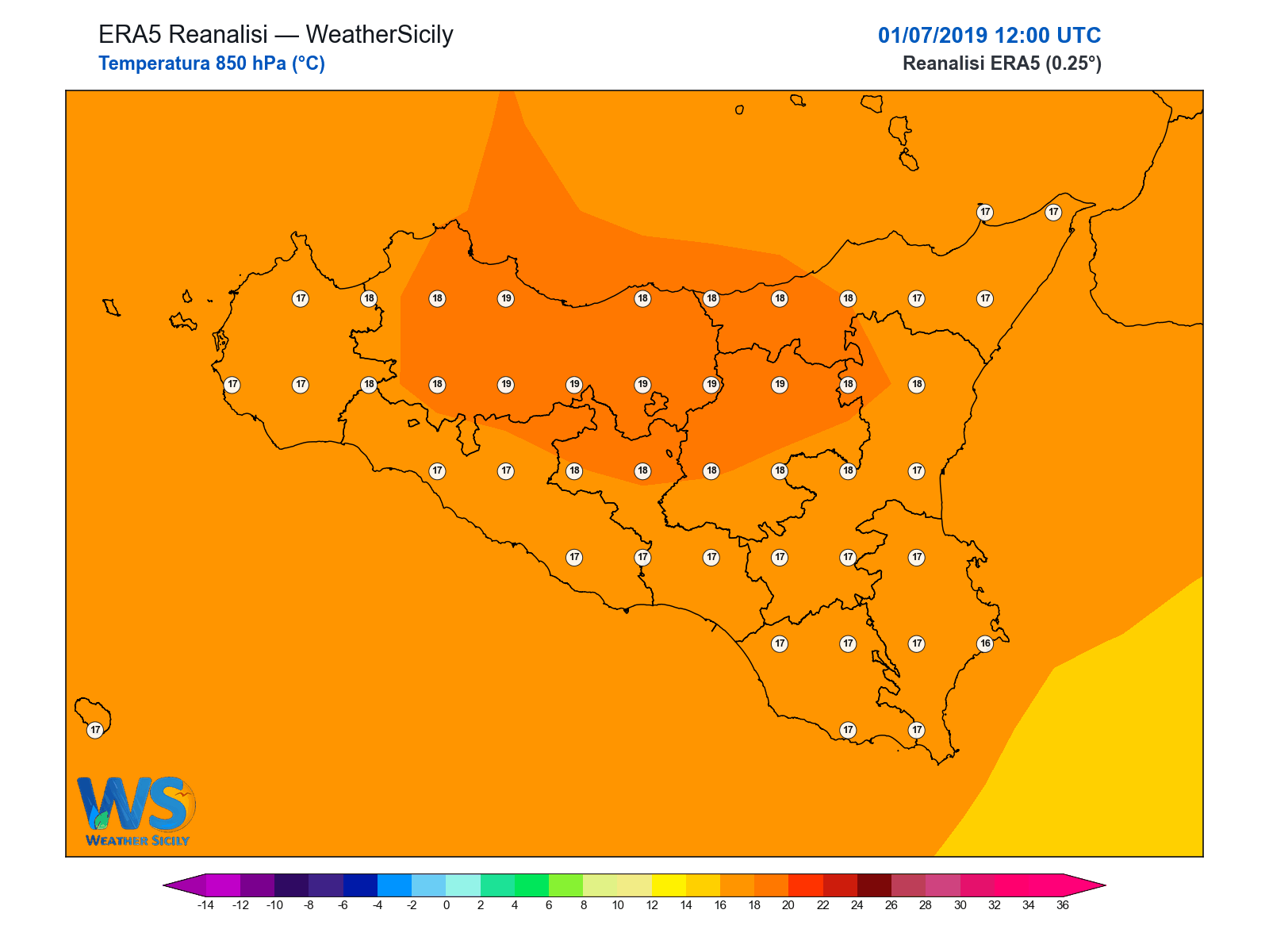 Temperatura a 850 hPa · 2019070112