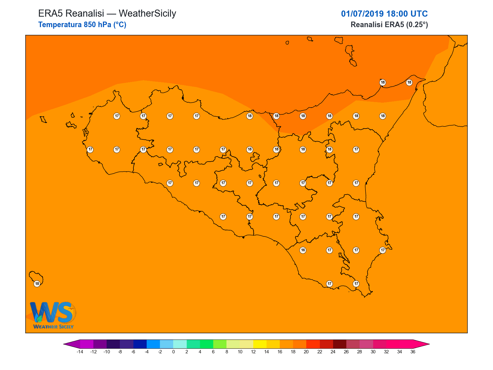 Temperatura a 850 hPa · 2019070118
