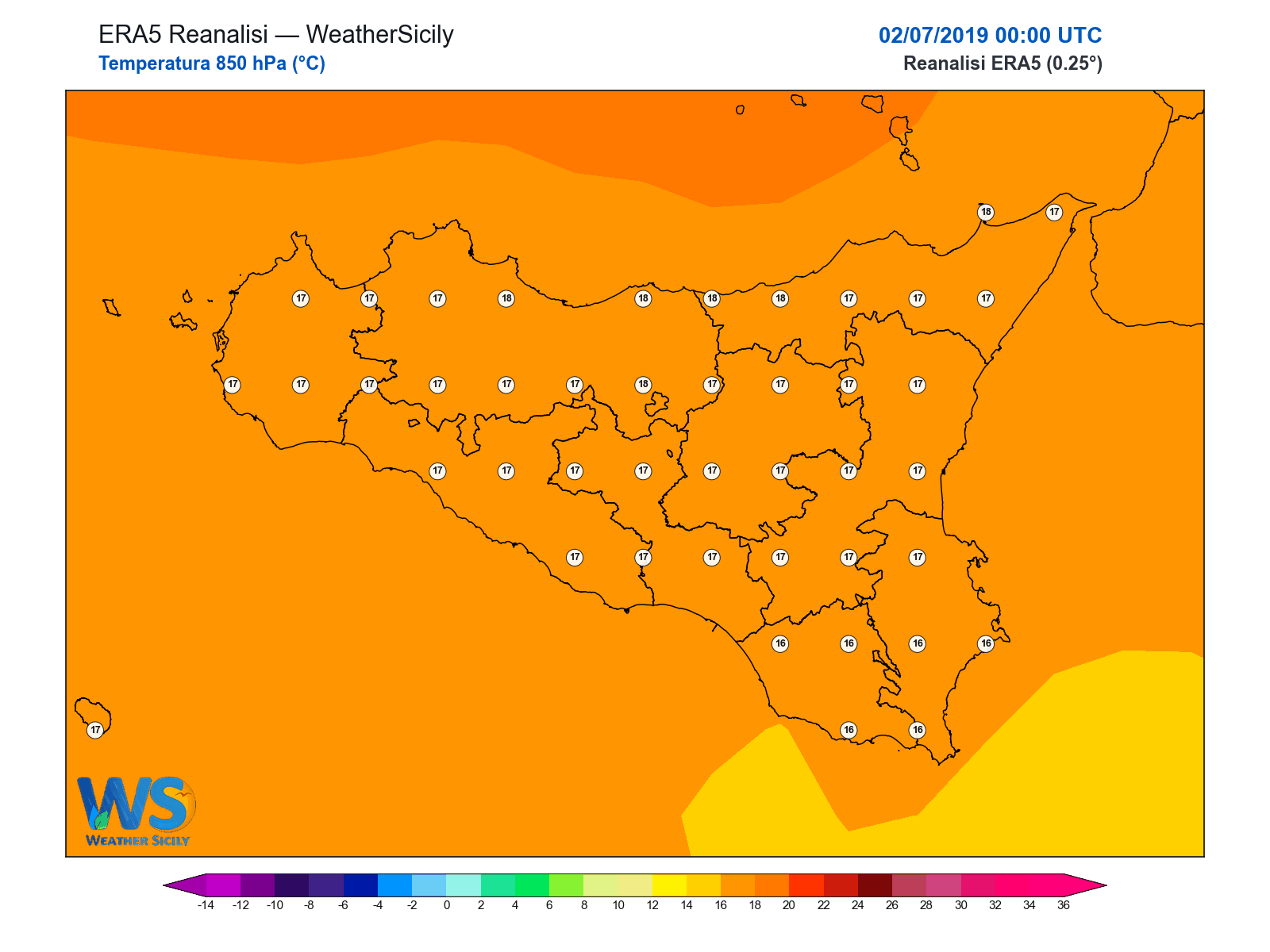 Temperatura a 850 hPa · 2019070200