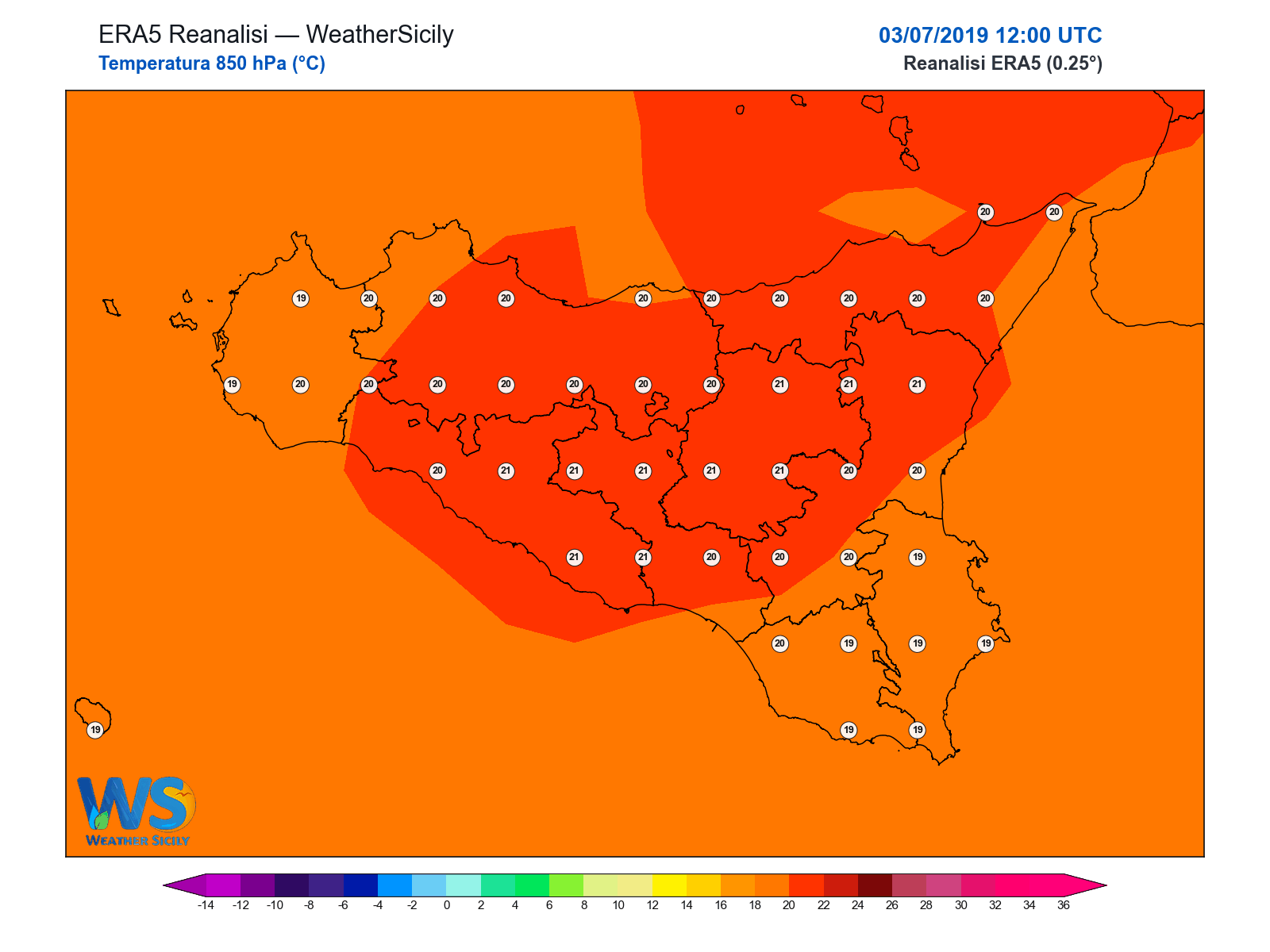 Temperatura a 850 hPa · 2019070312