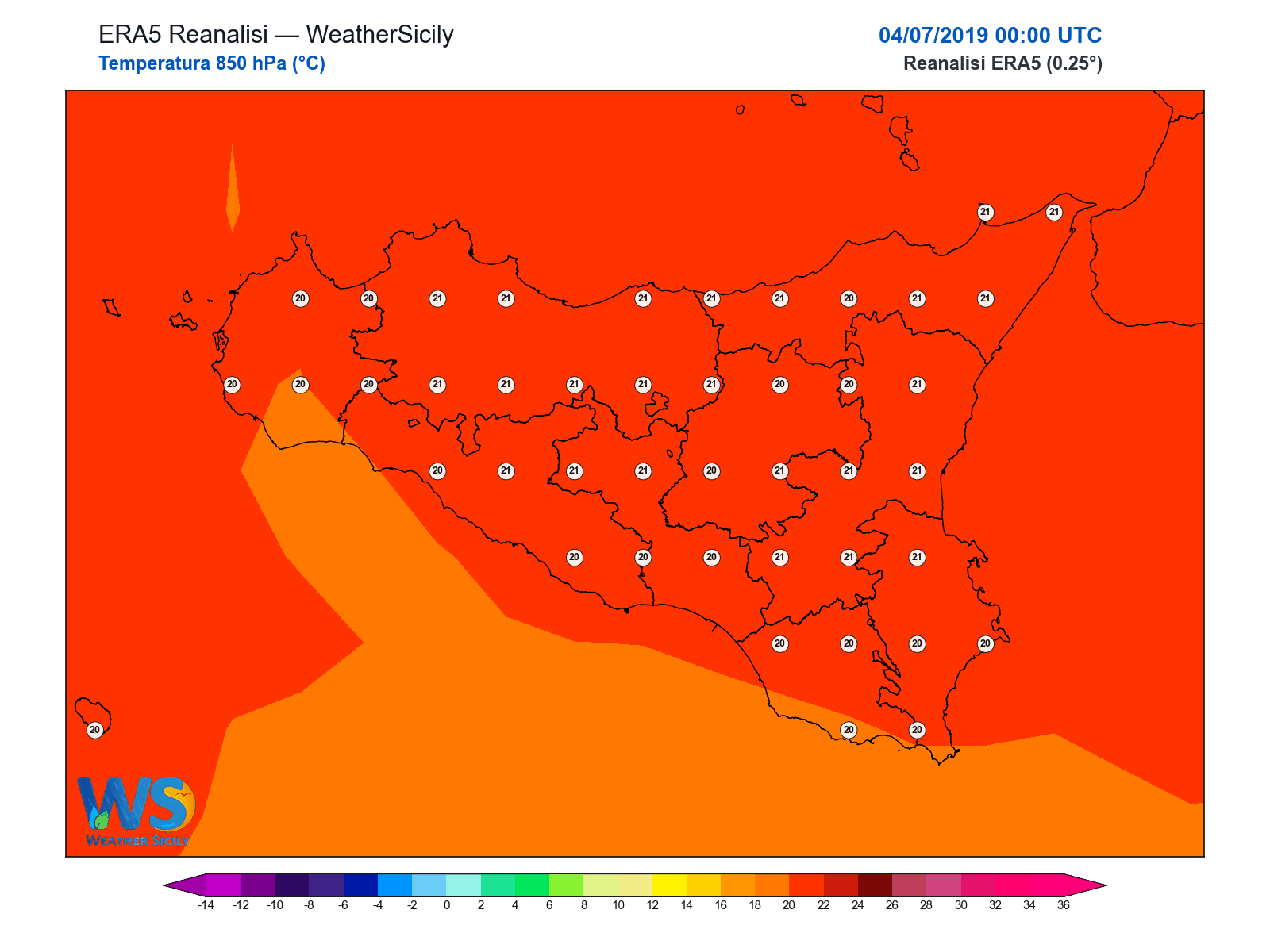 Temperatura a 850 hPa · 2019070400