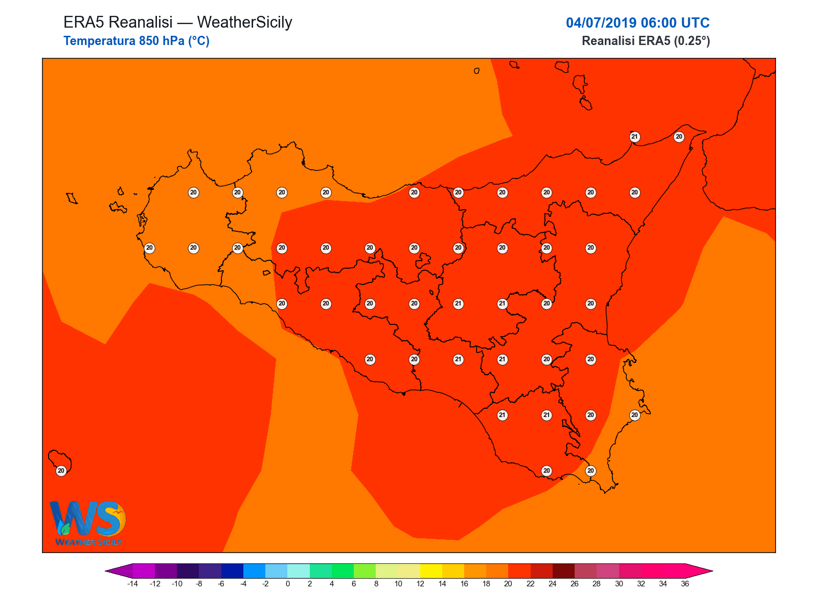 Temperatura a 850 hPa · 2019070406