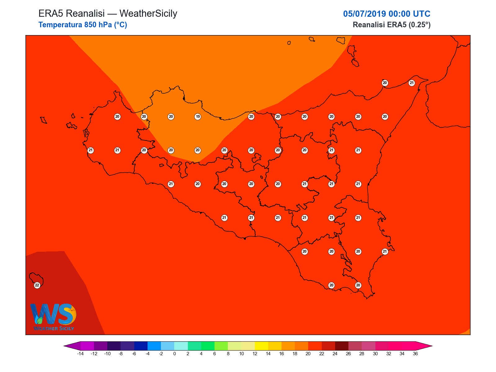 Temperatura a 850 hPa · 2019070500