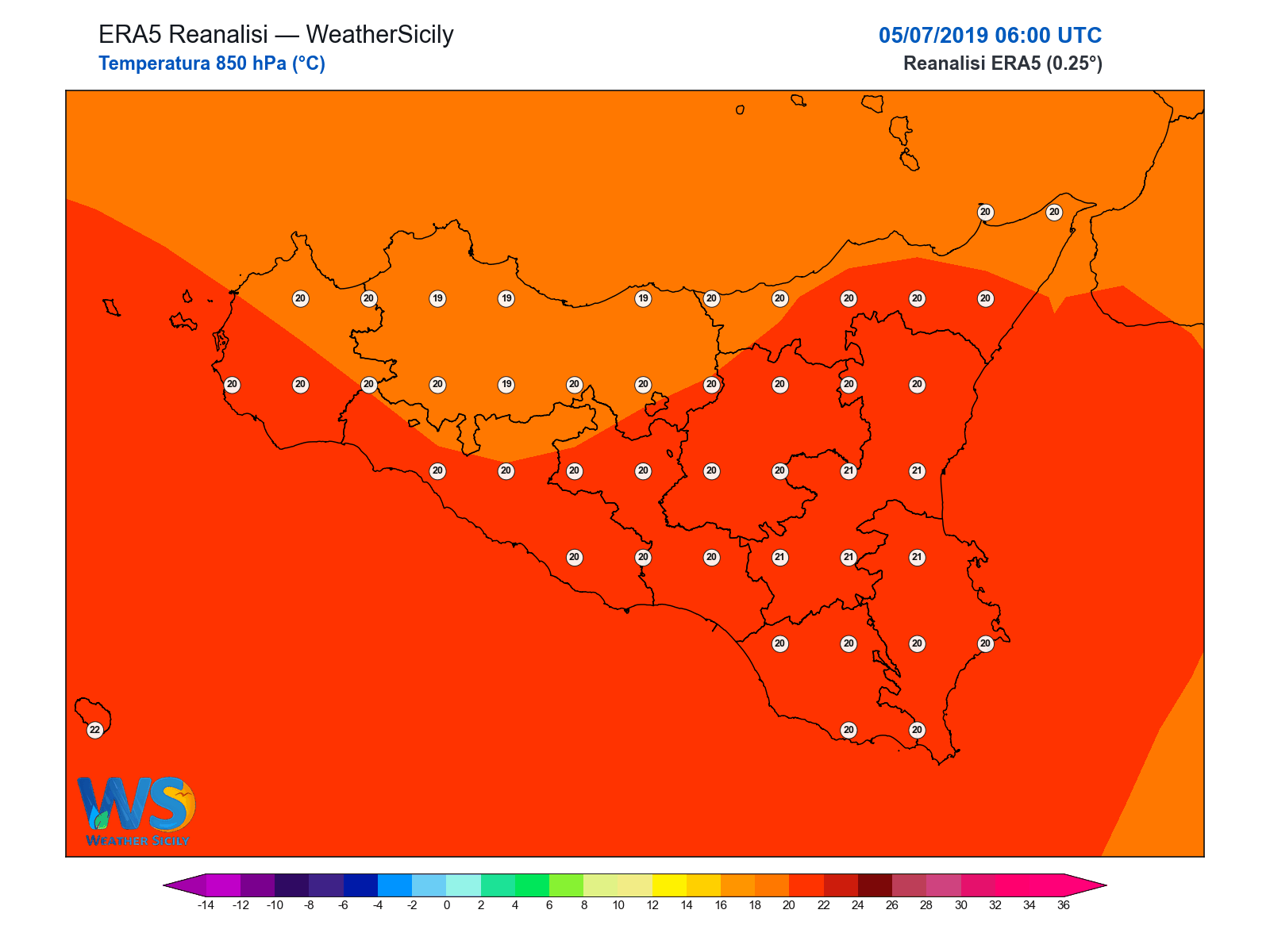 Temperatura a 850 hPa · 2019070506