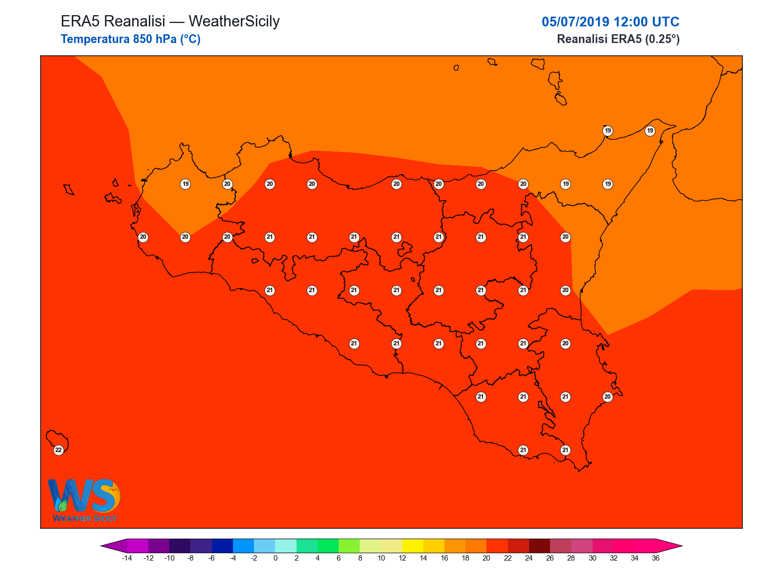 Temperatura a 850 hPa · 2019070512
