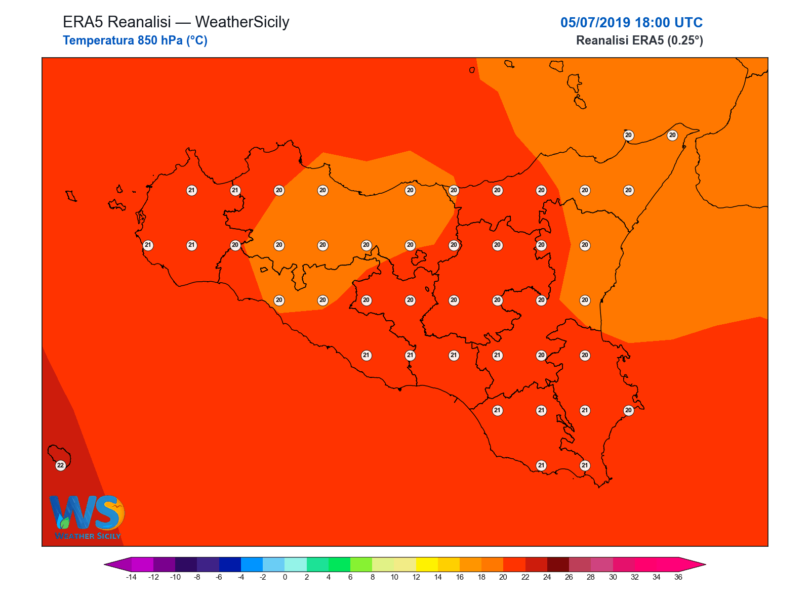 Temperatura a 850 hPa · 2019070518