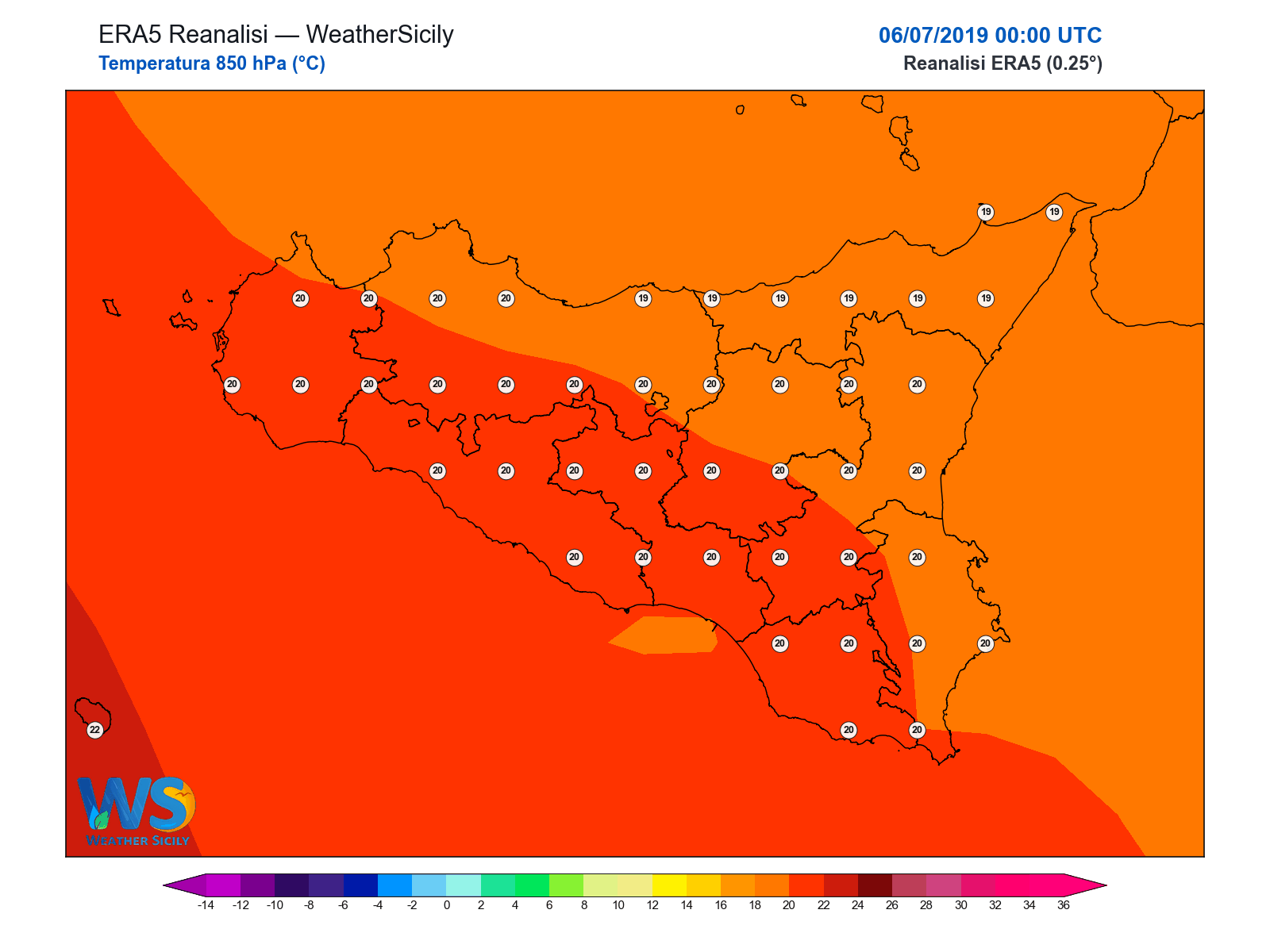 Temperatura a 850 hPa · 2019070600