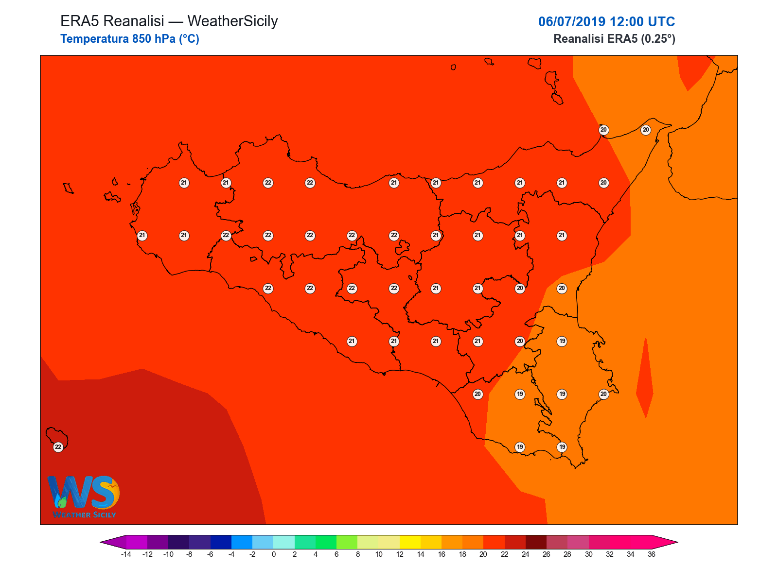 Temperatura a 850 hPa · 2019070612