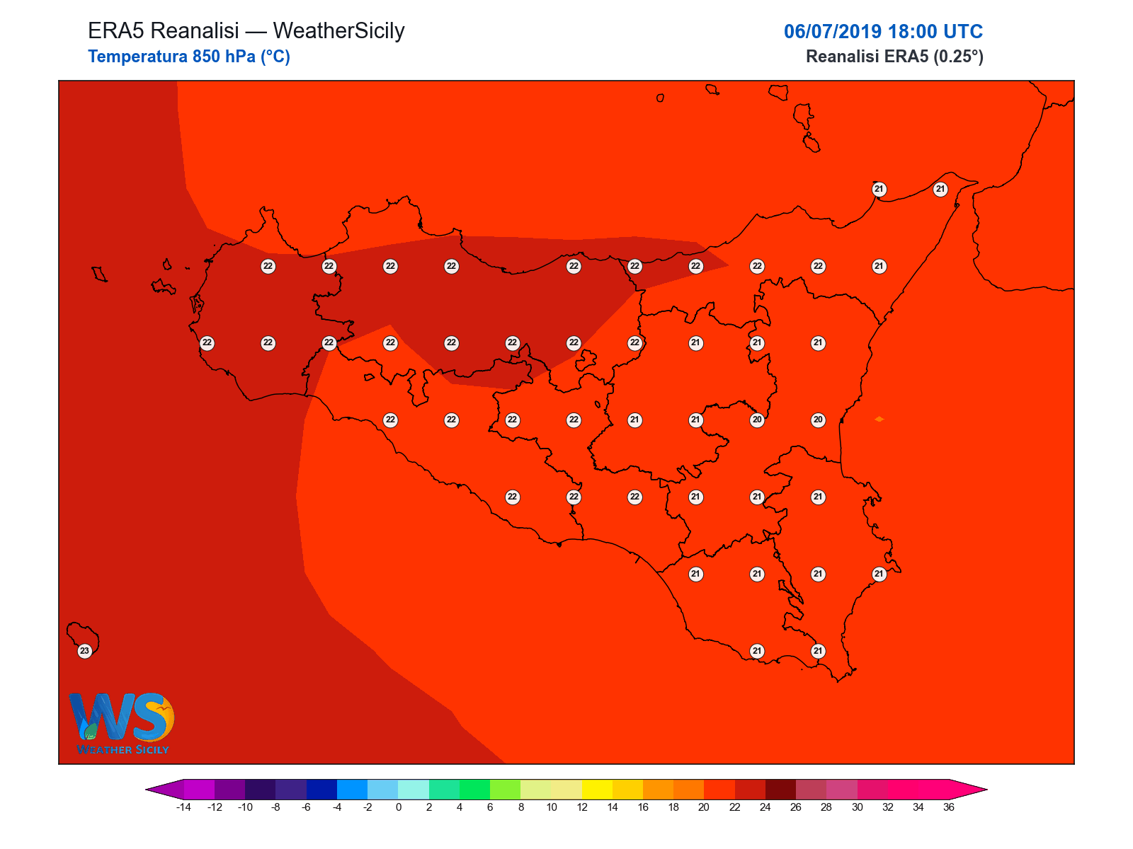 Temperatura a 850 hPa · 2019070618