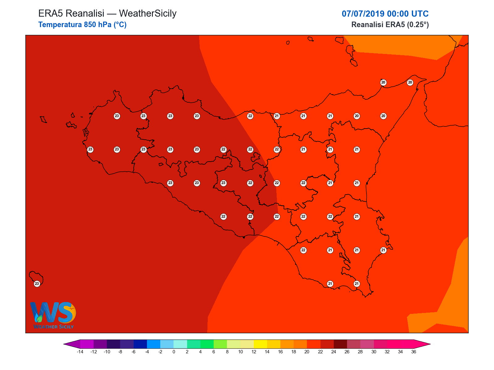 Temperatura a 850 hPa · 2019070700