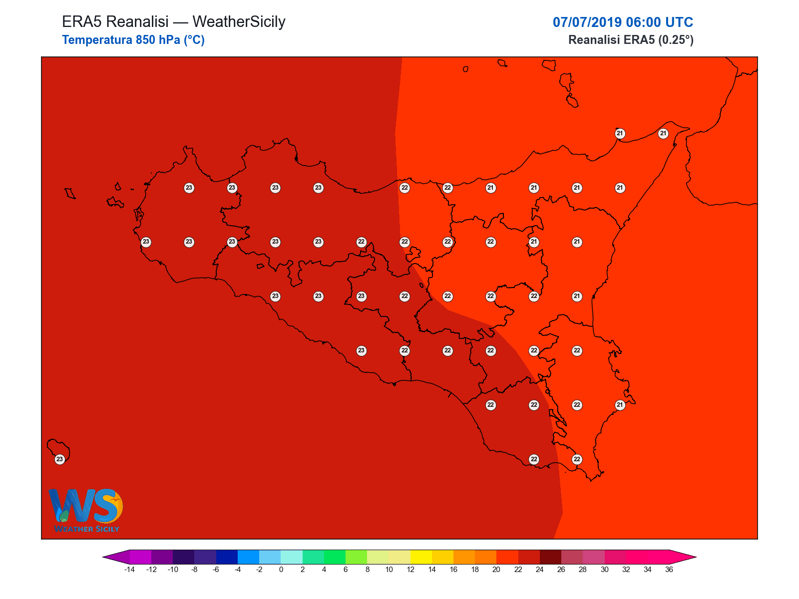 Temperatura a 850 hPa · 2019070706