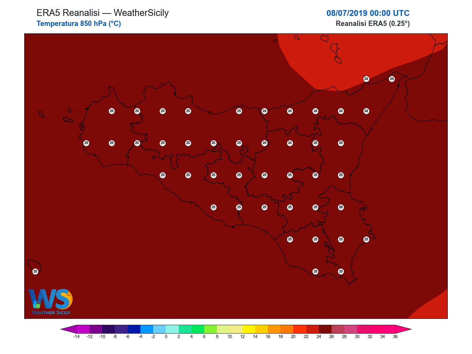 Temperatura a 850 hPa · 2019070800