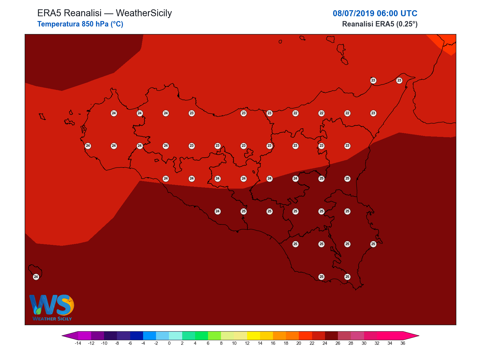 Temperatura a 850 hPa · 2019070806