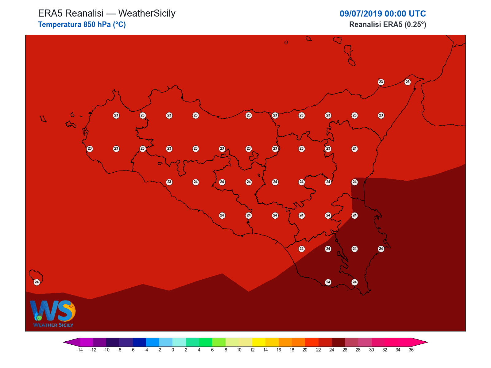 Temperatura a 850 hPa · 2019070900