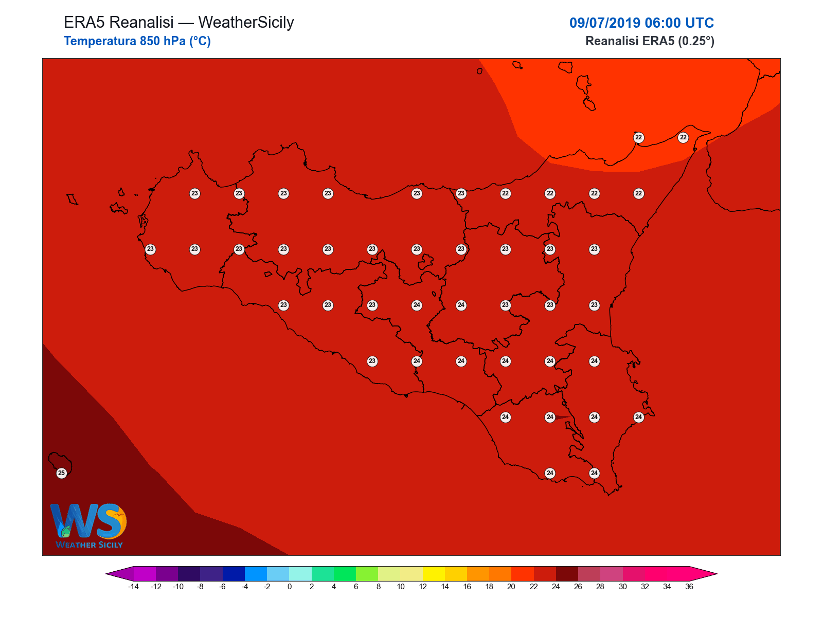 Temperatura a 850 hPa · 2019070906