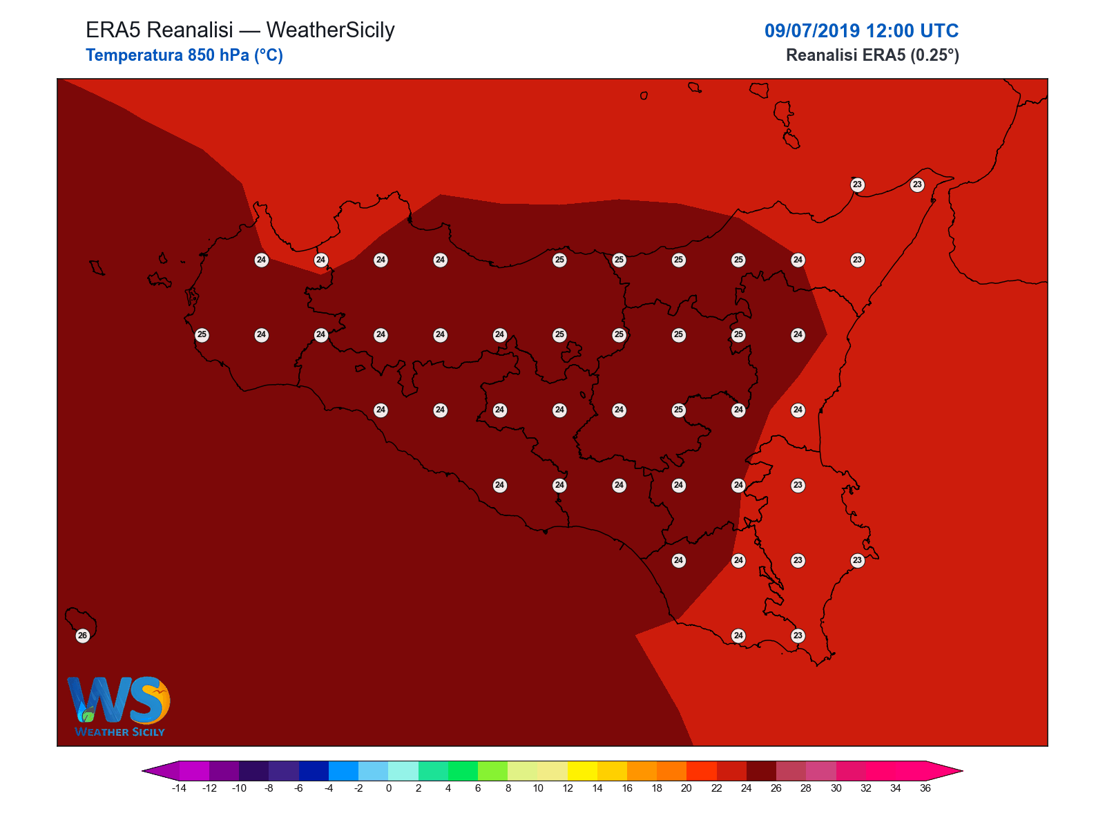 Temperatura a 850 hPa · 2019070912