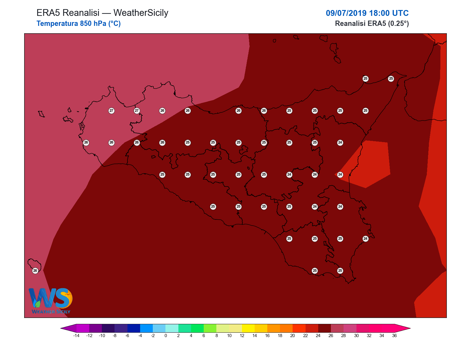 Temperatura a 850 hPa · 2019070918