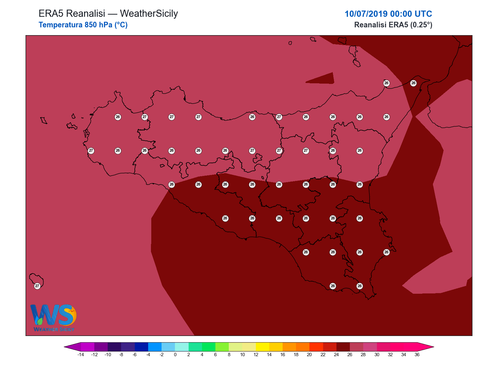 Temperatura a 850 hPa · 2019071000