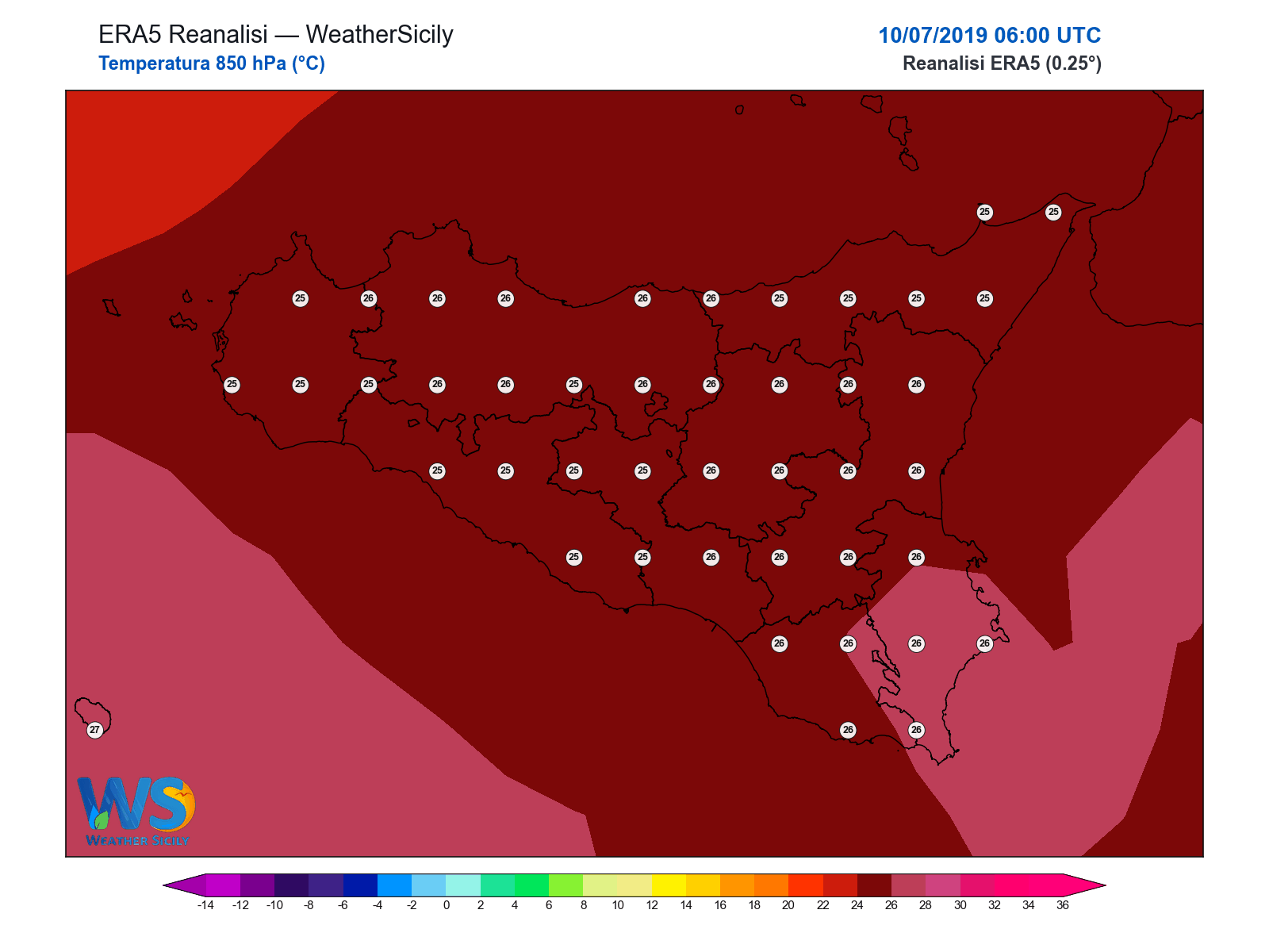 Temperatura a 850 hPa · 2019071006