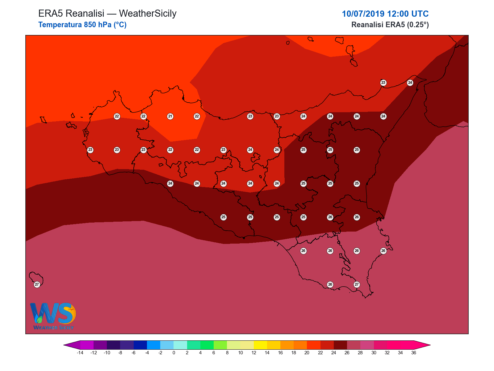 Temperatura a 850 hPa · 2019071012