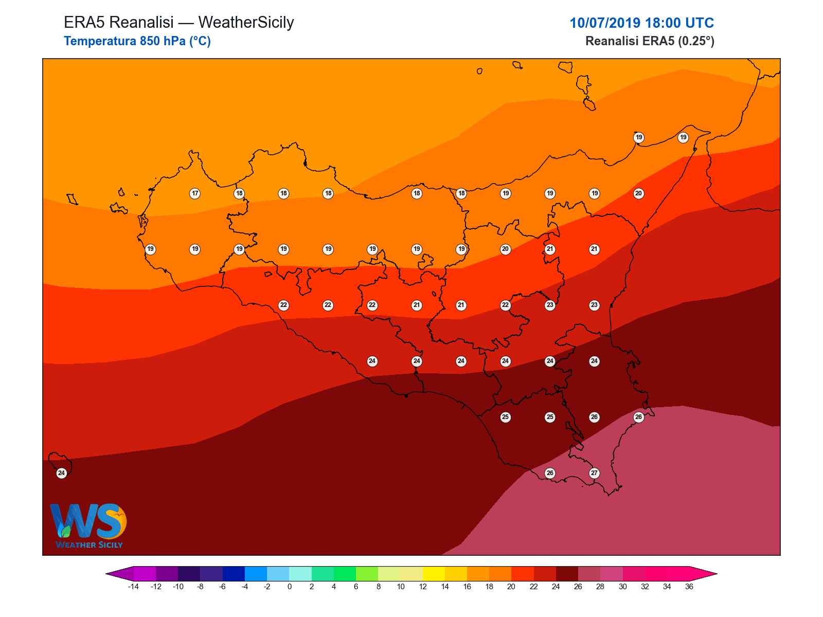 Temperatura a 850 hPa · 2019071018