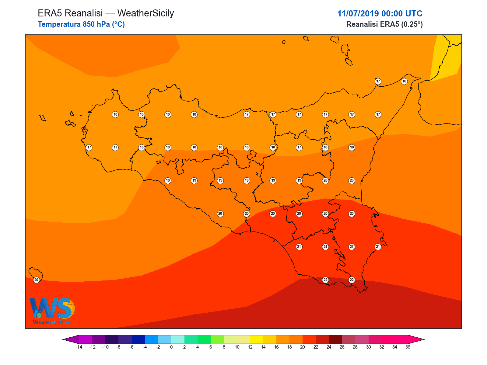 Temperatura a 850 hPa · 2019071100