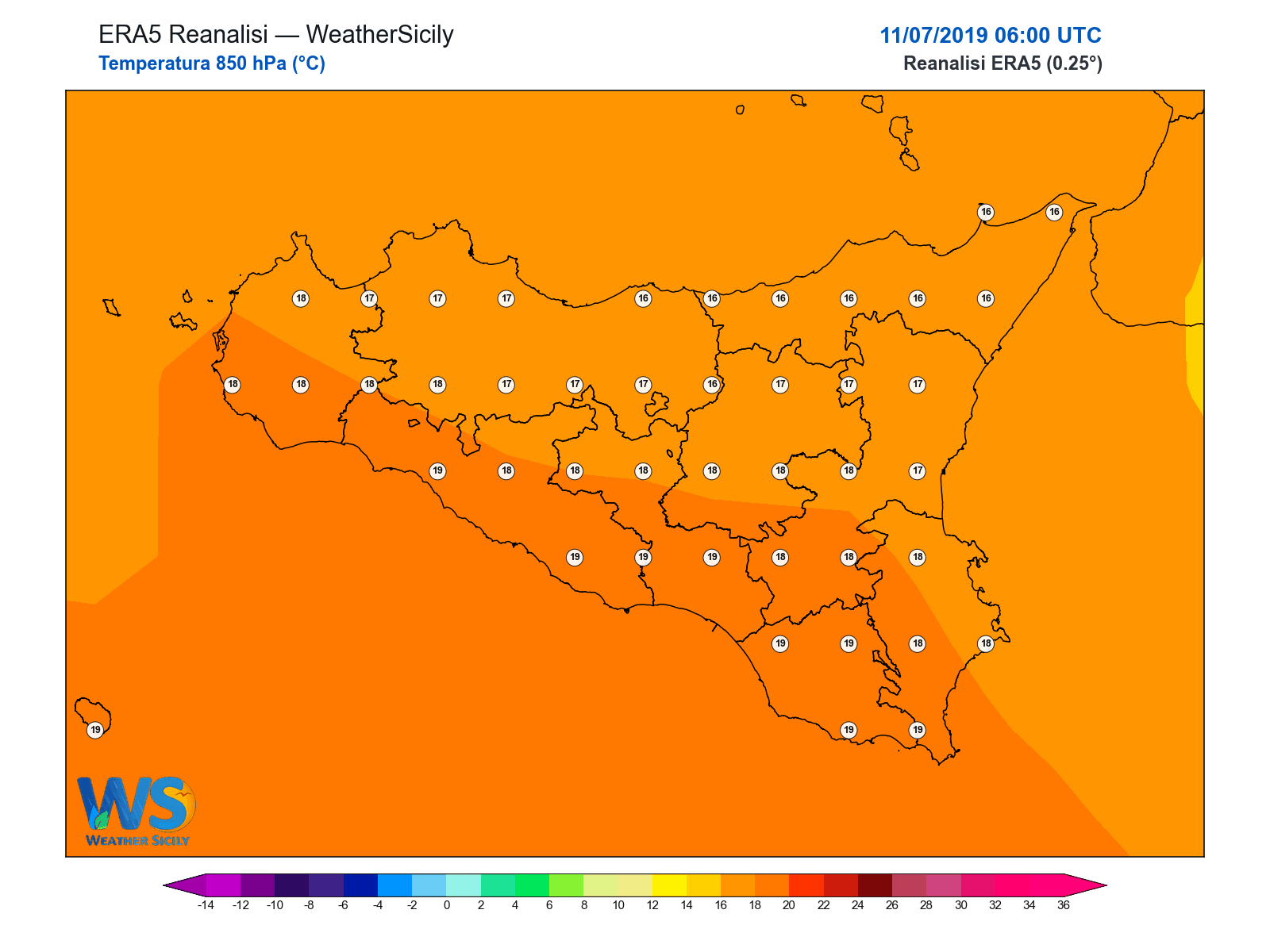 Temperatura a 850 hPa · 2019071106