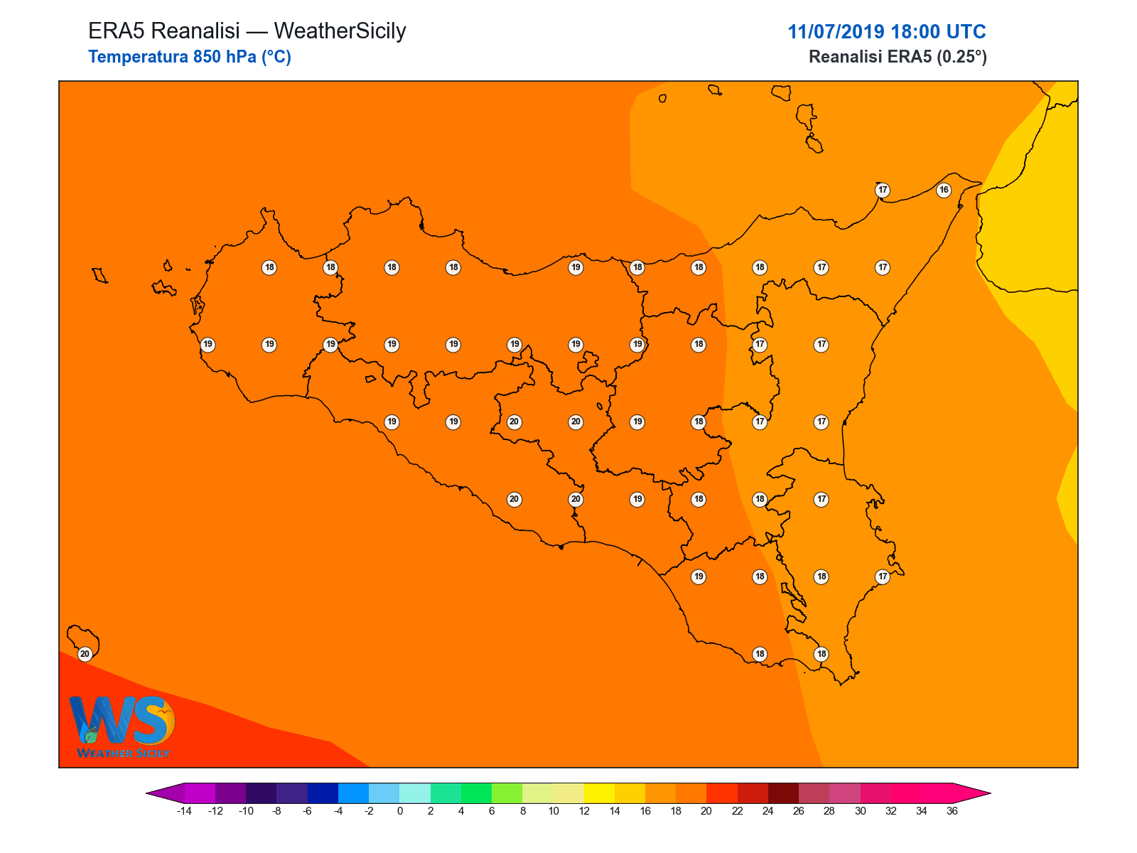 Temperatura a 850 hPa · 2019071118