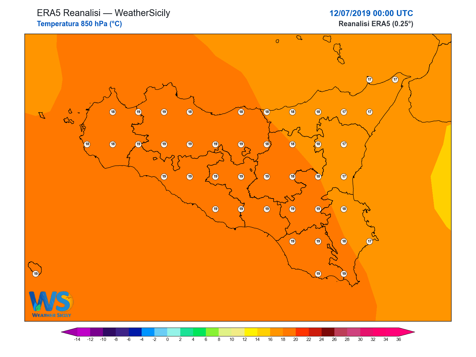 Temperatura a 850 hPa · 2019071200