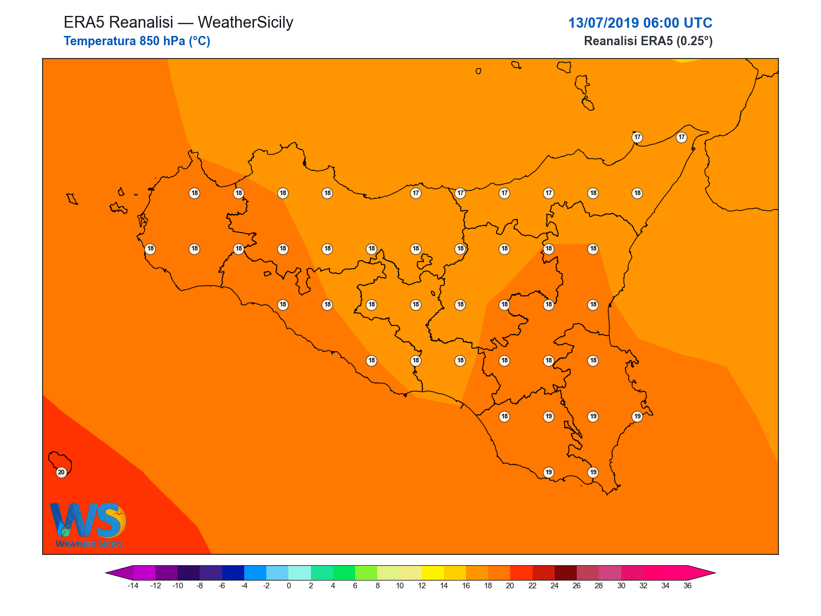 Temperatura a 850 hPa · 2019071306