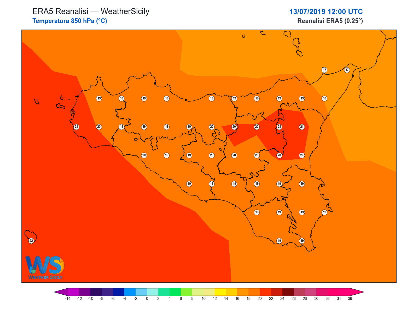 Temperatura a 850 hPa · 2019071312