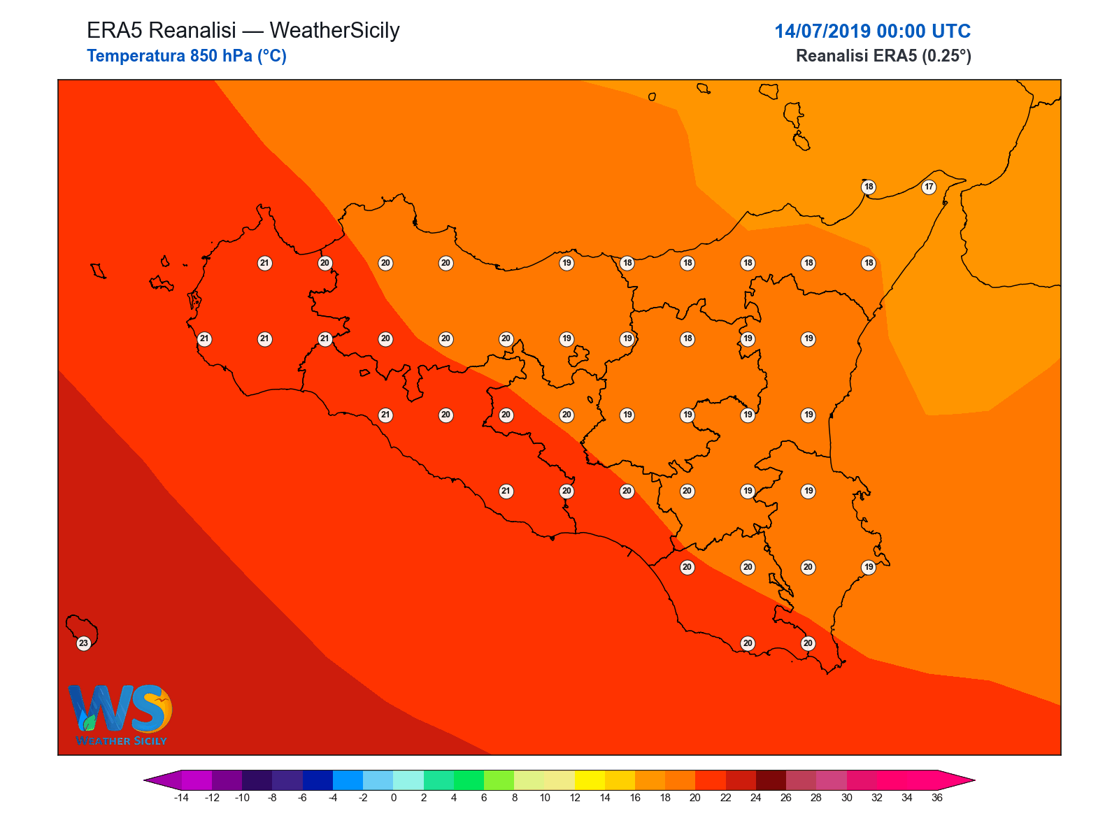 Temperatura a 850 hPa · 2019071400