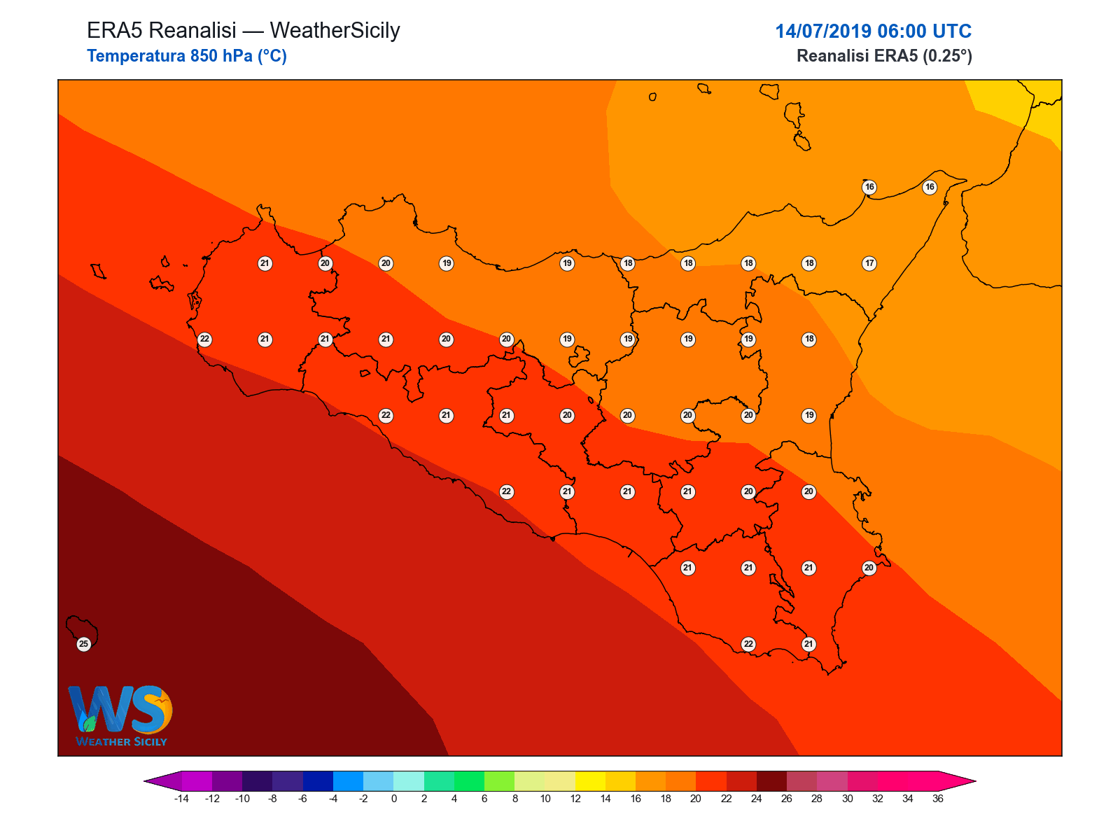 Temperatura a 850 hPa · 2019071406