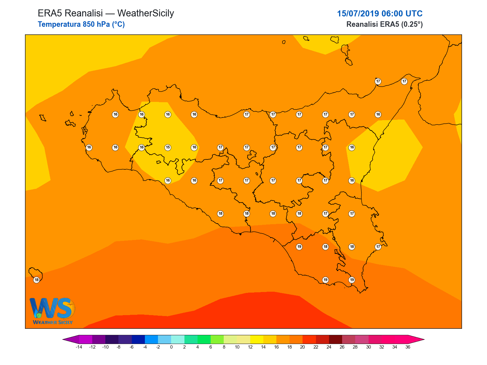 Temperatura a 850 hPa · 2019071506
