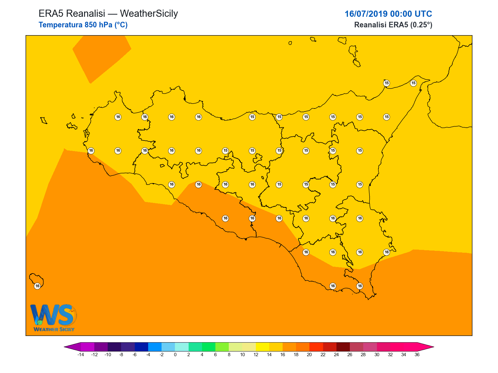 Temperatura a 850 hPa · 2019071600