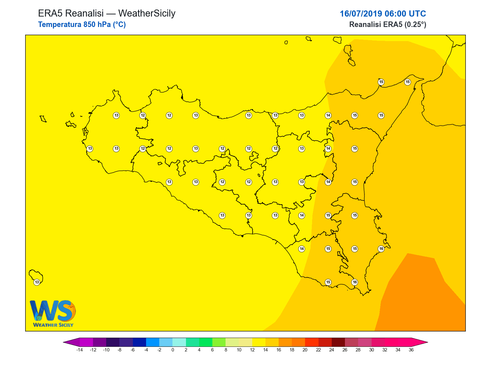 Temperatura a 850 hPa · 2019071606