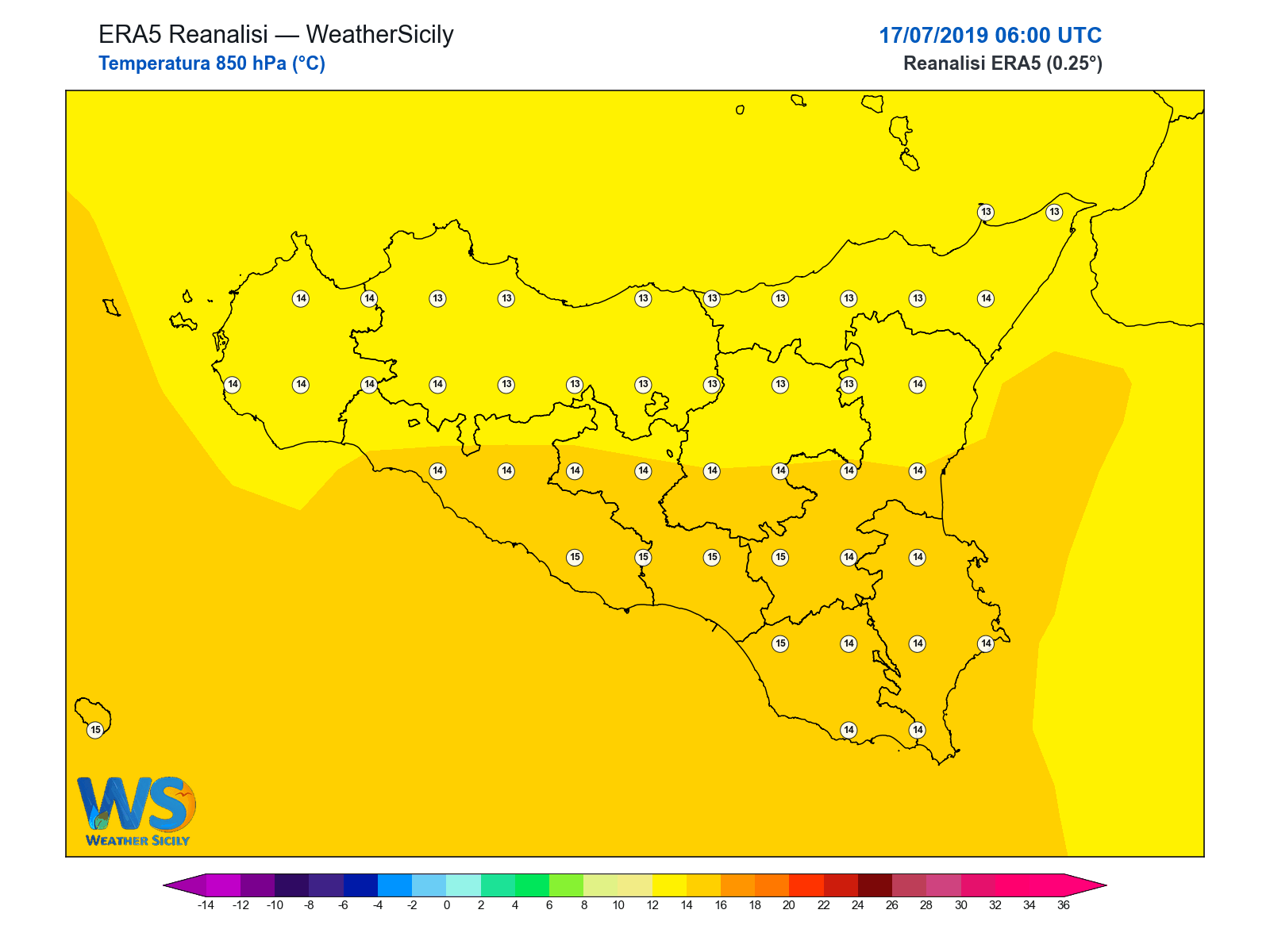 Temperatura a 850 hPa · 2019071706